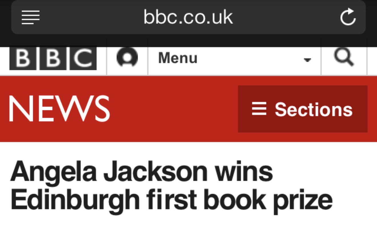 BBC News headline: Angela Jackson wins Edinburgh first book prize