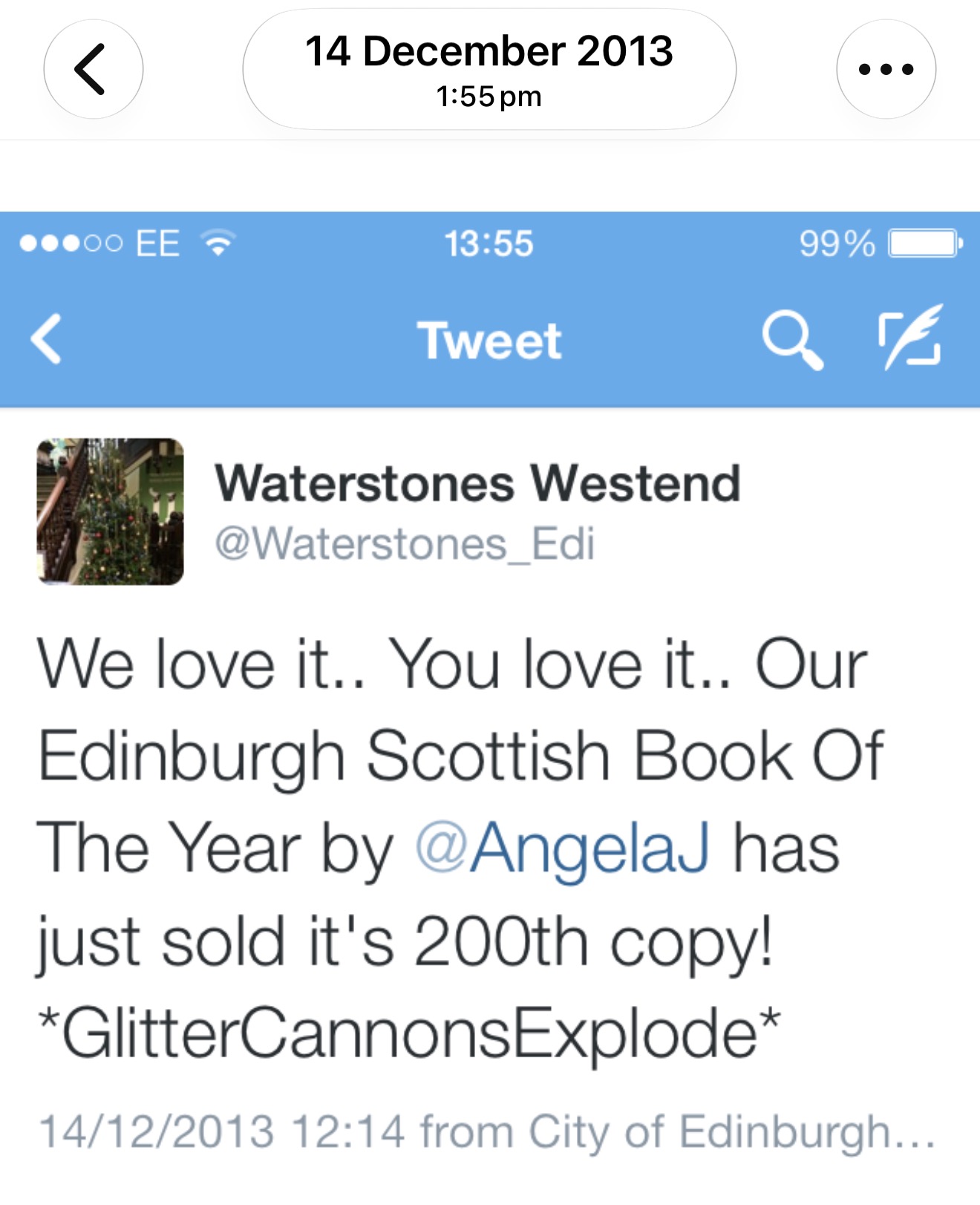 Waterstones Westend tweet celebrating Judy Taylor as its Edinburgh Scottish Book of the Year